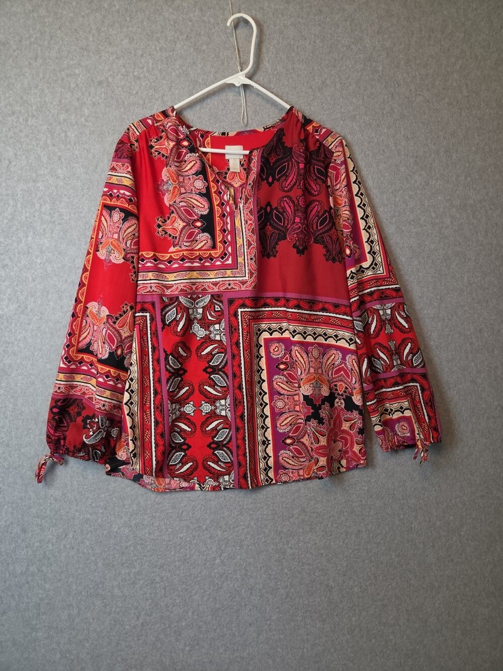 Chico’s Red Patchwork Paisley LS Split Neck Boho Peasant Top Women’s 2 US L
